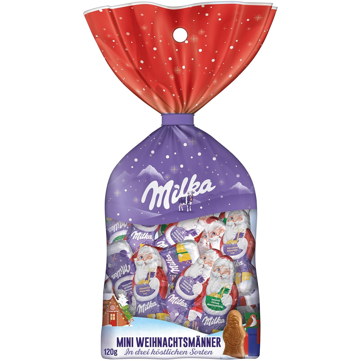 Milka Mini Santas – Mieszanka mleka alpejskiego, śmietanka mleczna i orzechy laskowe w świątecznym opakowaniu jednostkowym – 120g