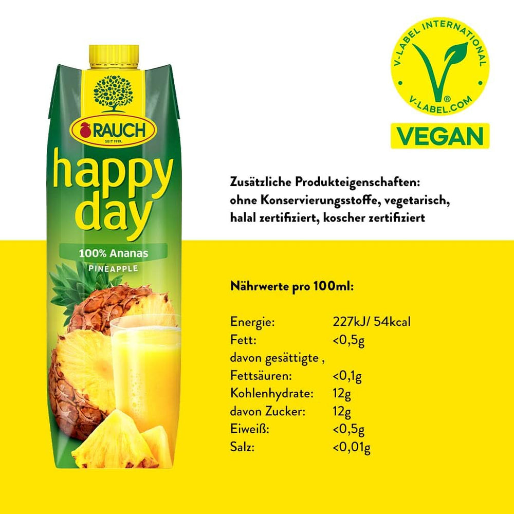 Rauch Happy Day Ananas | Eksplozja tropikalnych smaków | Wykonane w 100% z zagęszczonego soku ananasowego | 6 x 1 litr, Tetra Prisma Napoje bezalkoholowe Naty Shop