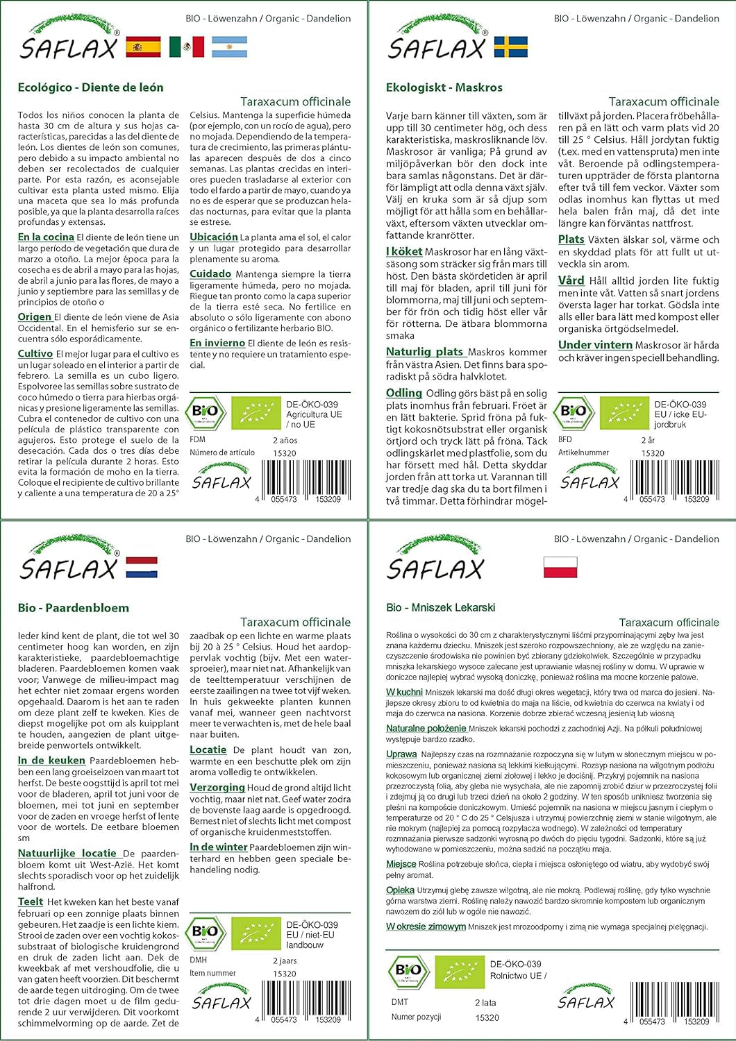 SAFLAX - BIO - Mniszek lekarski - 400 nasion - Taraxacum officinale