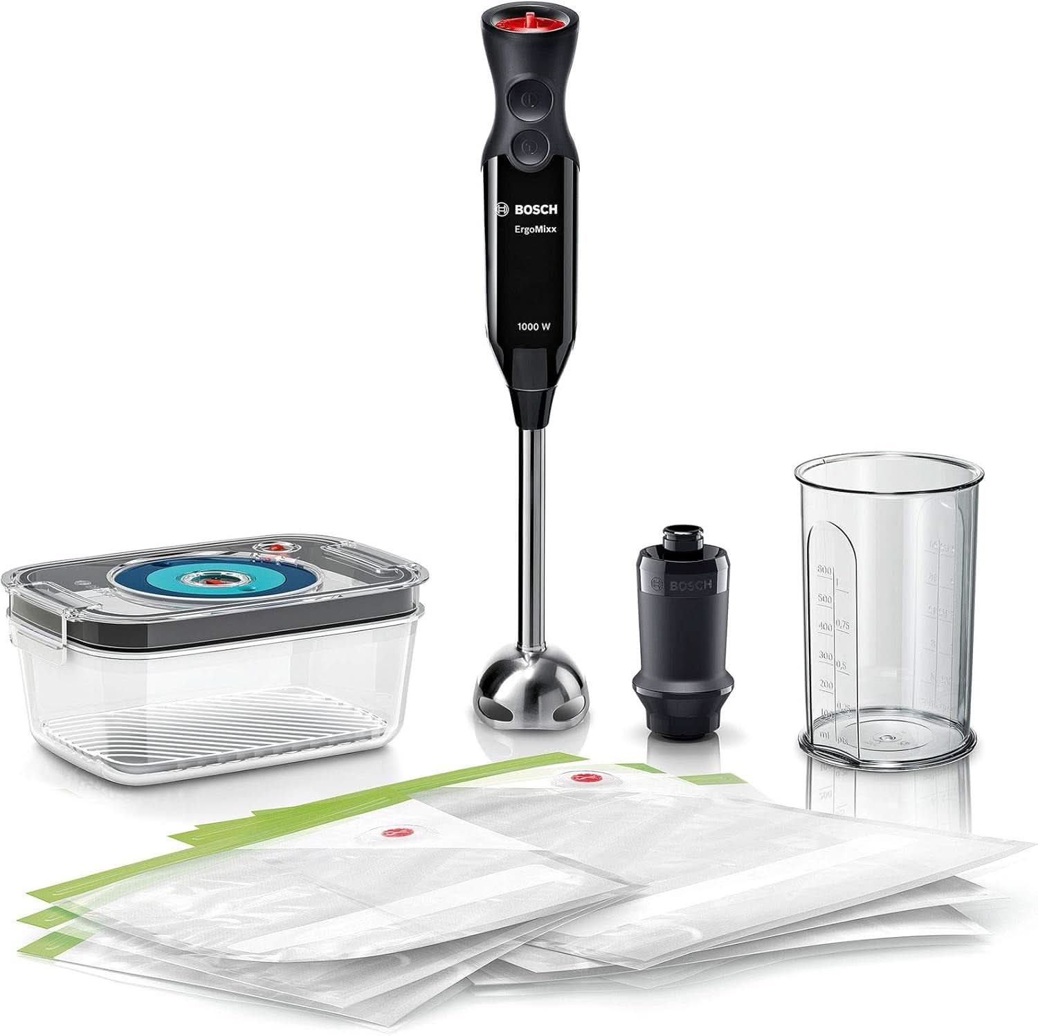 Bosch Stabmixer Ergomixx MS6CB61V1, Vakuum-Funktion, Edelstahl-Mixfuß, Mix- Und Messbecher, Vakuum-Pumpe, Vakuum-Beutel, Vakuum-Frischhaltedose, 12 Stufen plus Turbo, 1000 W, Schwarz/Anthrazit Bucatarie Naty Shop