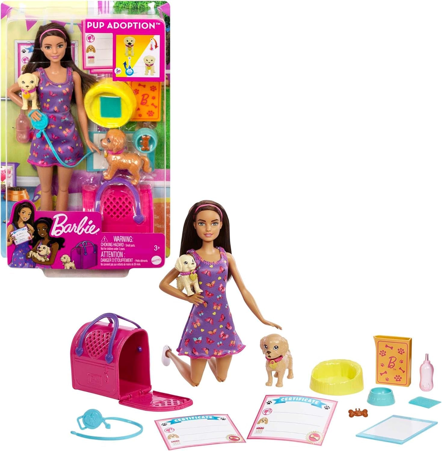 Adopție Cățeluș Barbie - Păpușă și 2 căței, cu certificate de adopție, efect de schimbare a culorii, cușcă și accesorii, pentru copii cu vârsta de 3 ani și peste, 86 HKD