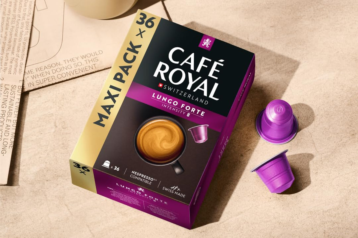 Café Royal Lungo Forte – Nespresso®-kompatible Kaffeekapseln, 100 % Arabica, würzig, dunkle Röstung, Intensität 8/12, Rainforest Alliance, 36 Kapseln