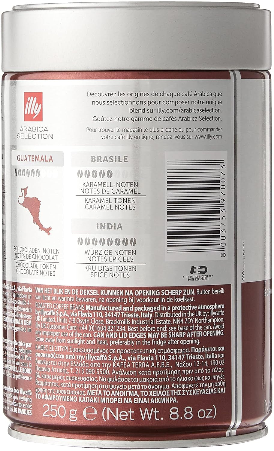 boabe de cafea illy, selecție de boabe de cafea Arabica, Guatemala, pachet de 6 (6 x 250 g)