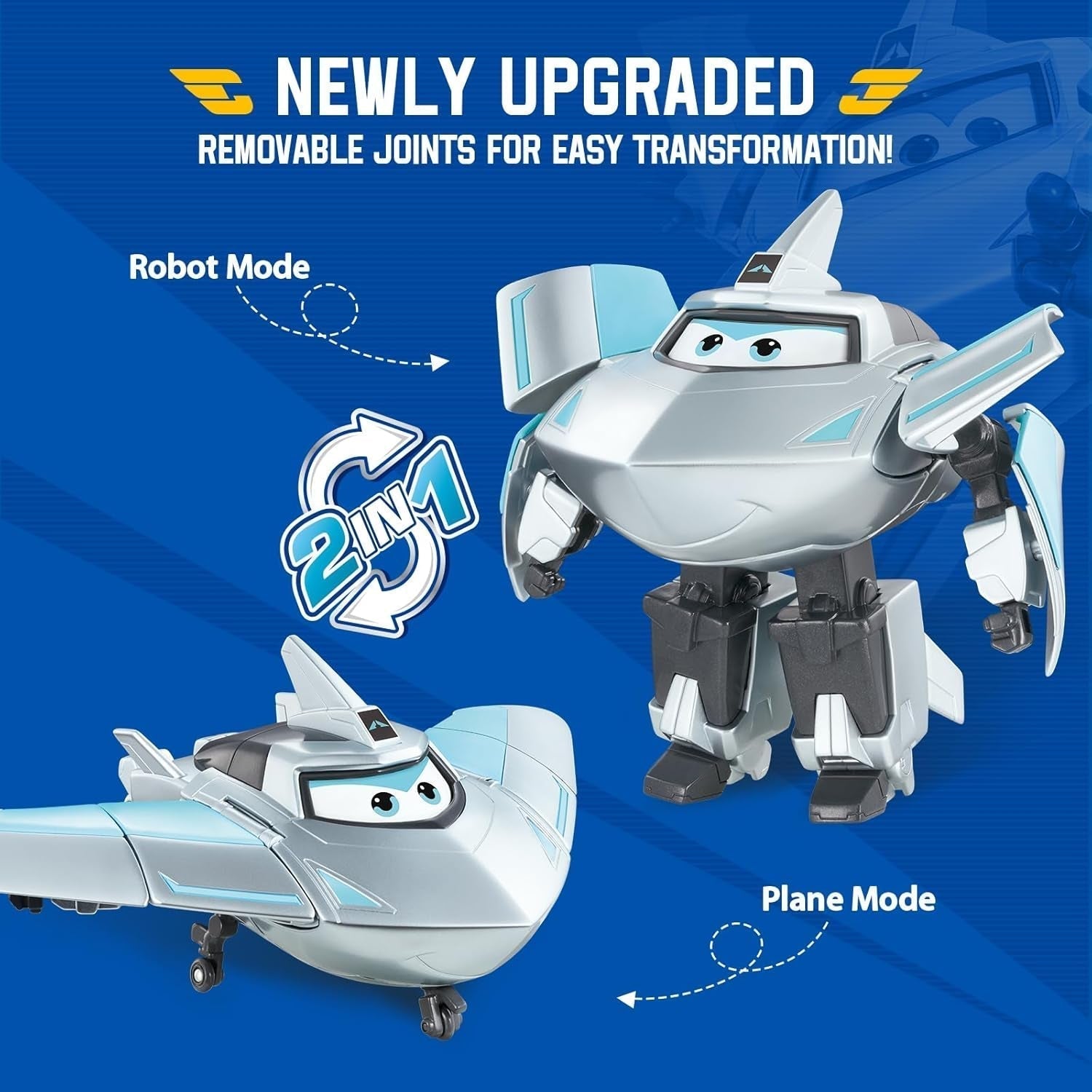 Super Wings Transformation Plane Supercharged Traver, Aprox. 12.7 Cm Figură mare de joacă pentru copii, avion de jucărie și figură de robot pentru băieți și fete de peste 3 ani, argintiu Action figures Naty Shop