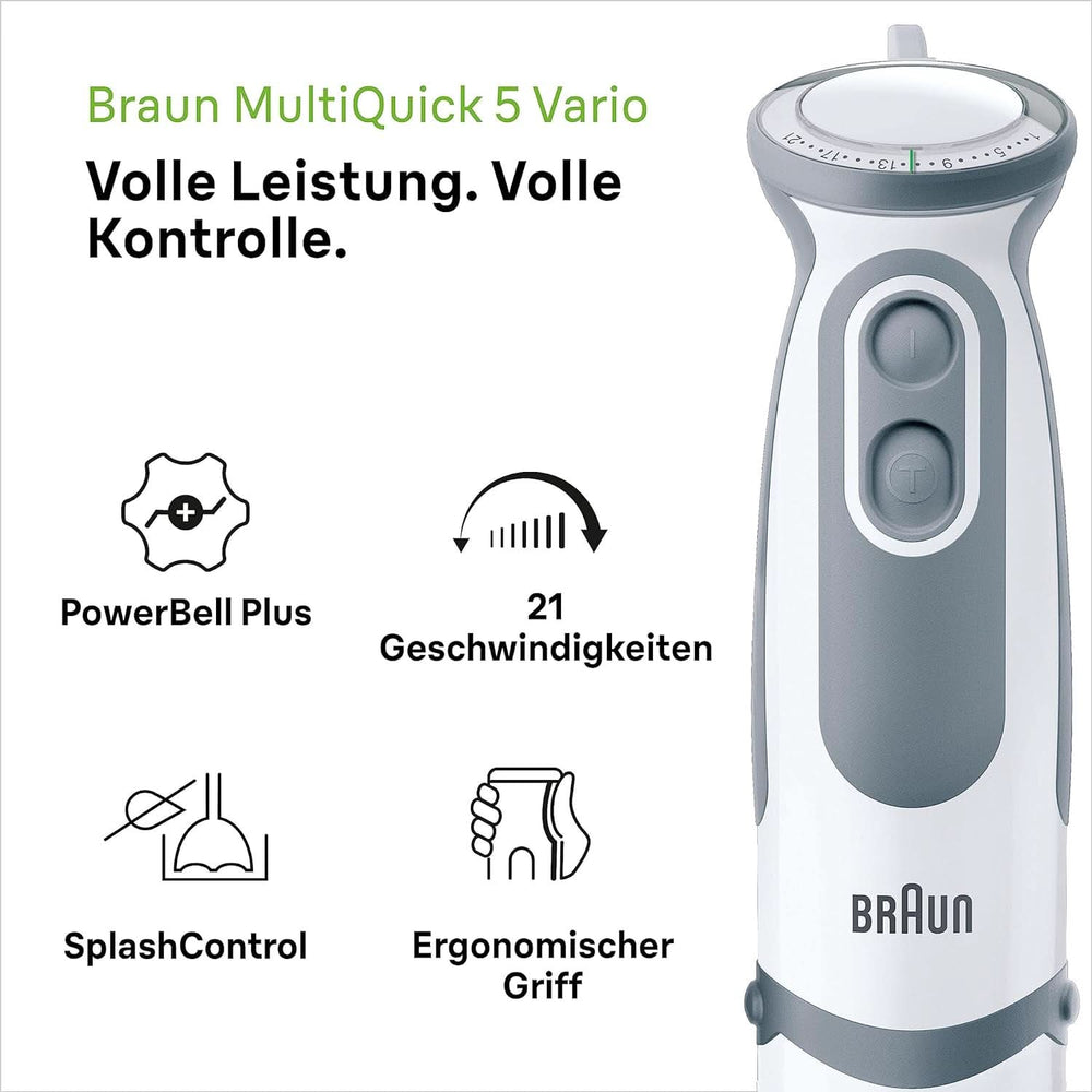 Braun Stabmixer MQ 5200WH - Multiquick 5 Vario Pürierstab Mit Edelstahl Mixfuß, 1000 Watt, Inkl. 600 ml Mix- & Messbecher, Weiß/Grau Kitchen Naty Shop