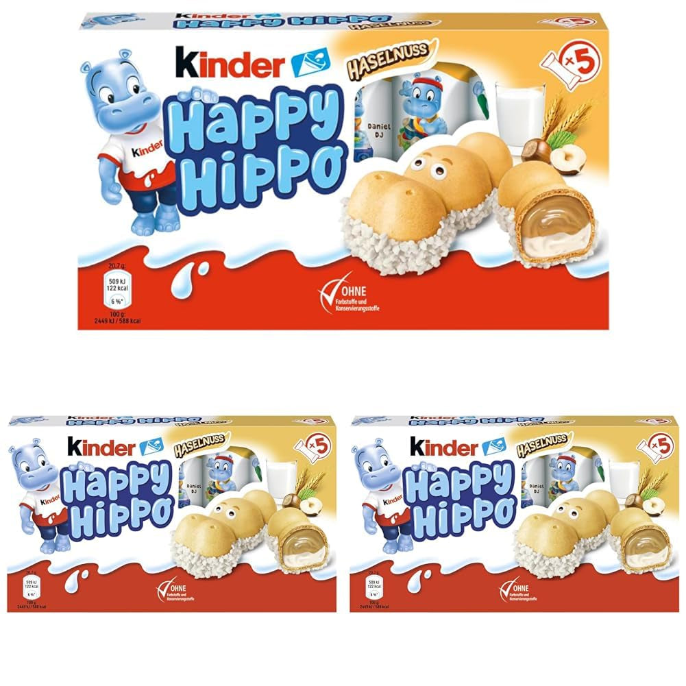 Kinder Happy Hippo Hazelnut - Specjalne chrupiące wafle z mlekiem i kremem z orzechów laskowych - Słodycze karnawałowe i Mardi Gras - 1 opakowanie zawierające 5 pojedynczych batonów po 20,7 g każdy
