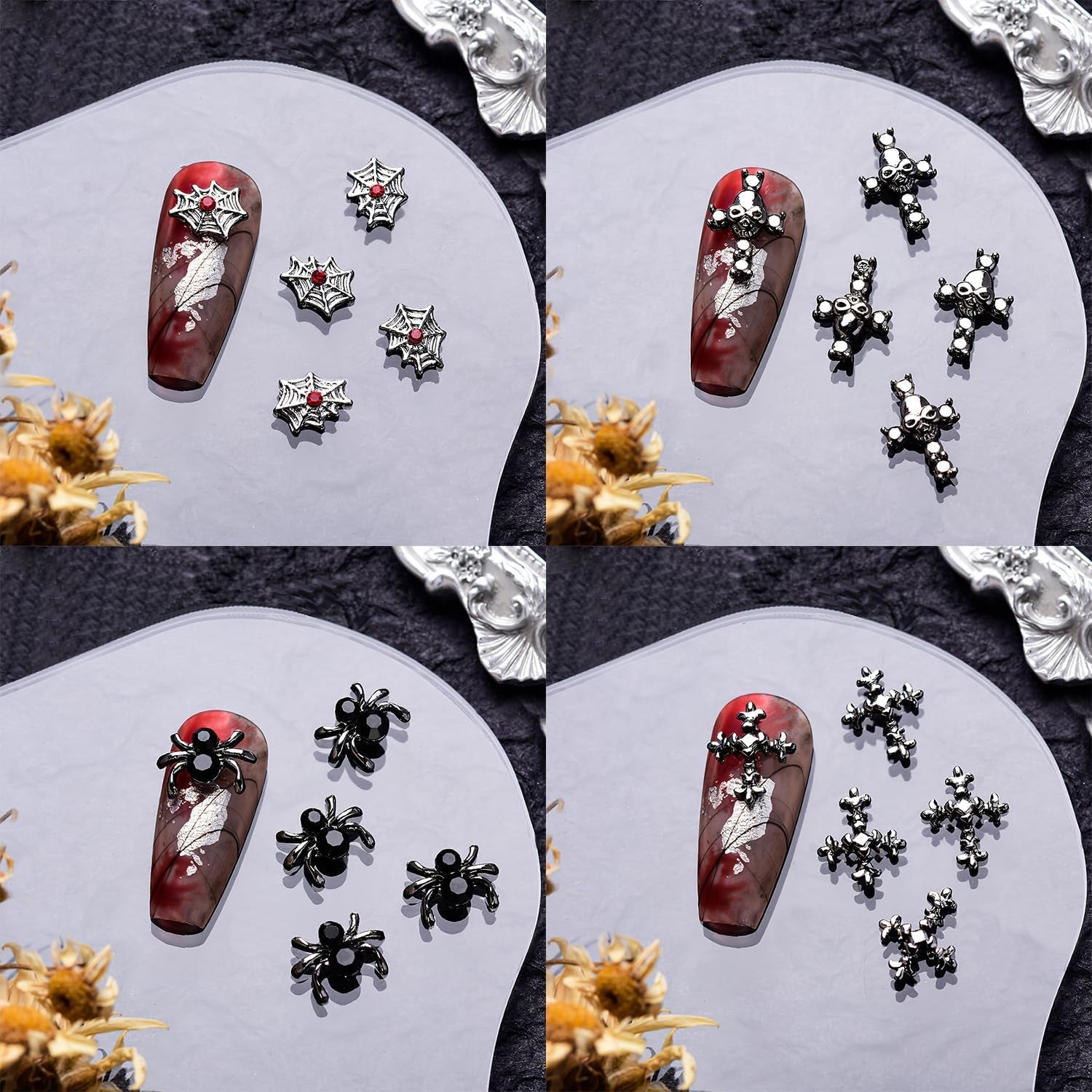 40 Stück 3D-Halloween-Nagelkunst-Charms, Vintage-Punk-Legierung, Nagelanhänger, Totenkopf, Geist, Fledermaus, Spinne Mit Strasssteinen, Legierung, Nagelkunst, Schmuck Für Halloween, DIY,