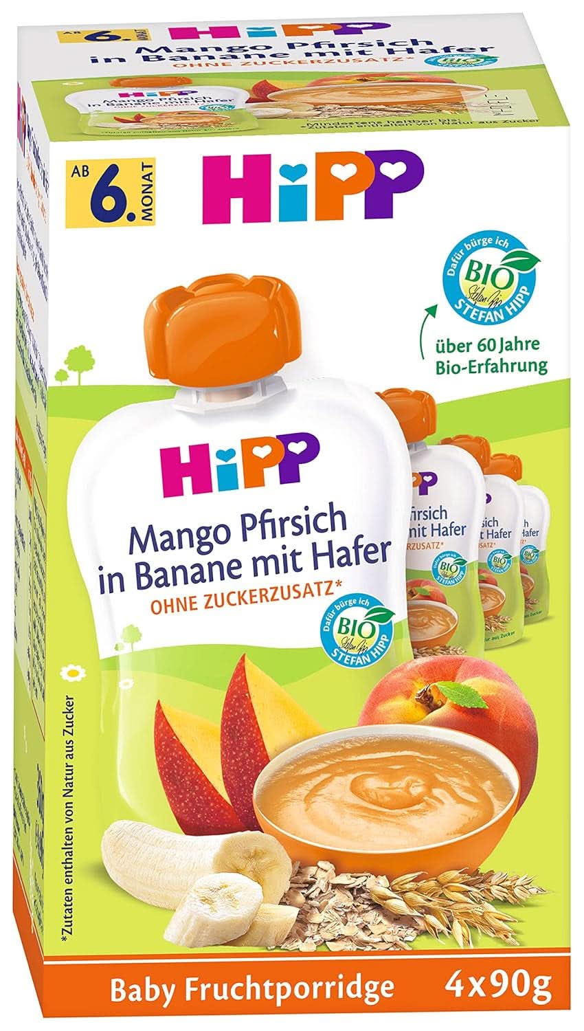 Hipp woreczki wyciskane dla niemowląt, owsianka owocowa, brzoskwinia, mango w bananie z płatkami owsianymi, 100% organiczne owoce bez dodatku cukru, 4 x 4 torebki po 90 g Matka i Dziecko Naty Shop 16 x 90 gramów Owsianka owocowa mango brzoskwinia w puree bananowym z płatkami owsianymi