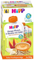 Hipp woreczki wyciskane dla niemowląt, owsianka owocowa, brzoskwinia, mango w bananie z płatkami owsianymi, 100% organiczne owoce bez dodatku cukru, 4 x 4 torebki po 90 g Matka i Dziecko Naty Shop 16 x 90 gramów Owsianka owocowa mango brzoskwinia w puree bananowym z płatkami owsianymi