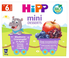 HiPP Organiczny Mini Deser z Borówką i Granatem o Smaku Jabłkowym (opakowanie 6 x 4 x 100g), od 6 miesiąca życia, w praktycznych kubeczkach, bez dodatku cukru, najlepsza jakość organiczna