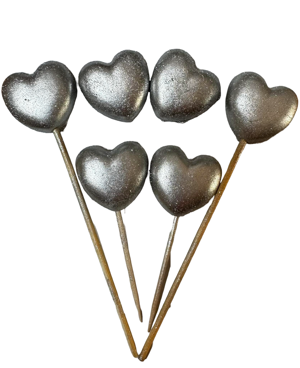 Set 6 decoratiuni comestibile din zahar, Inimi argintii Decoratiuni din Pasta de Zahar Naty Shop