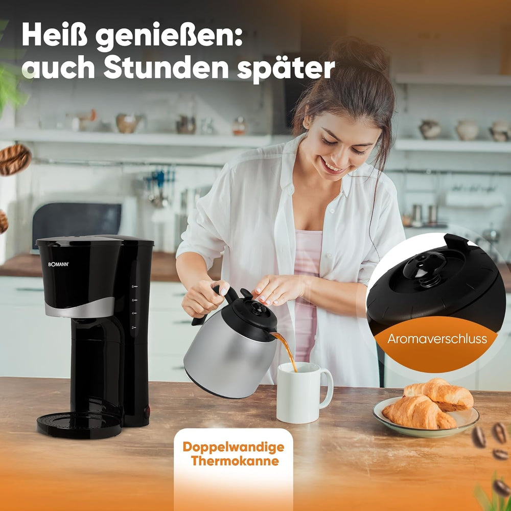 Cafetieră Bomann® cu termos | pentru 8-10 cești de cafea | fără pierderi de temperatură | cafetieră cu filtru | 1 litru | Espressor | Cafetieră cu filtru cu termos | KA 168 negru