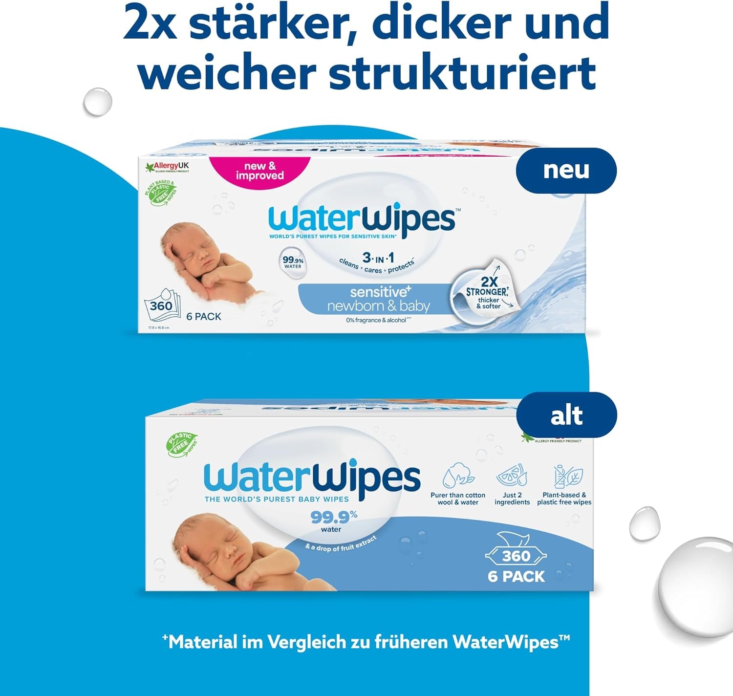 WaterWipes Sensitive+ Chusteczki nawilżane dla noworodków i niemowląt, 360 sztuk (6 szt.), 3 w 1 czyszczenie, pielęgnacja, ochrona, 99,9% wody, bez substancji zapachowych