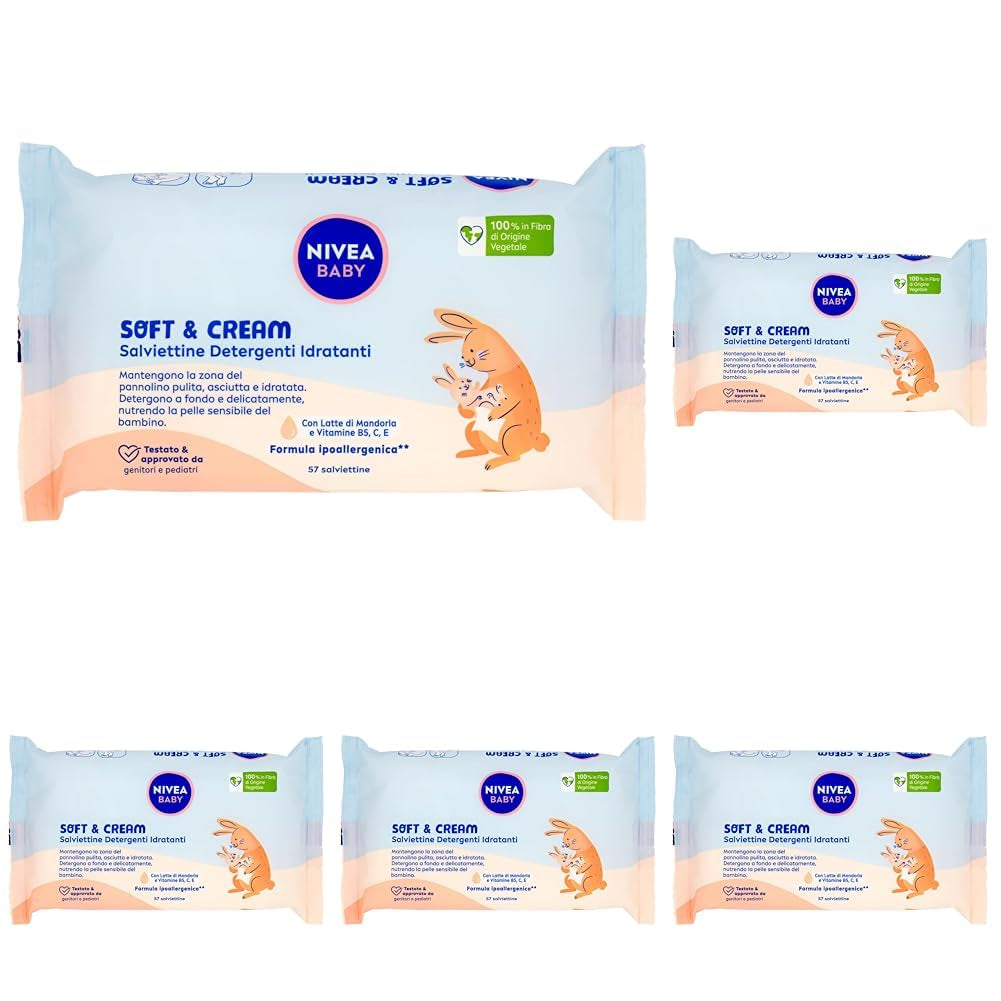 NIVEA Baby Nawilżające chusteczki oczyszczające Soft & Cream, 57 sztuk, do czystej, suchej i nawilżonej skóry, chusteczki dla niemowląt z mlekiem migdałowym i witaminami B5, C i E