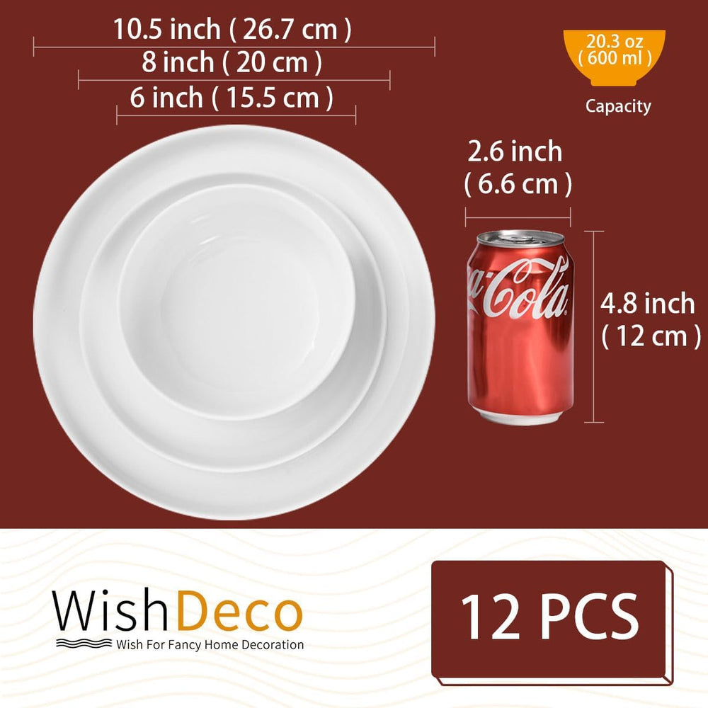 Set de veselă cu 12 piese, serviciu de masă din porțelan pentru 4 persoane, set de veselă albă cu farfurii, farfurii de desert și boluri pentru cereale