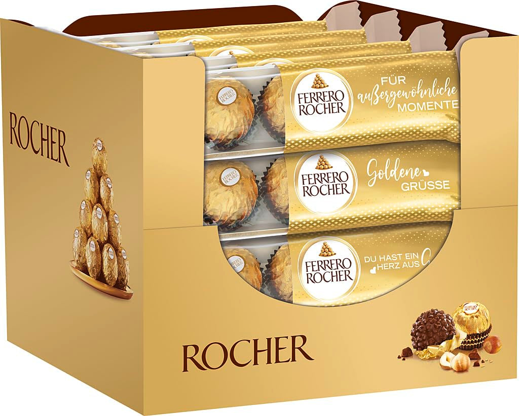 Ferrero Rocher - Chrupiące i kremowe praliny specjalne z orzechów laskowych - Prezent na Walentynki dla niego i dla niej - 16 opakowań po 4 pojedyncze praliny