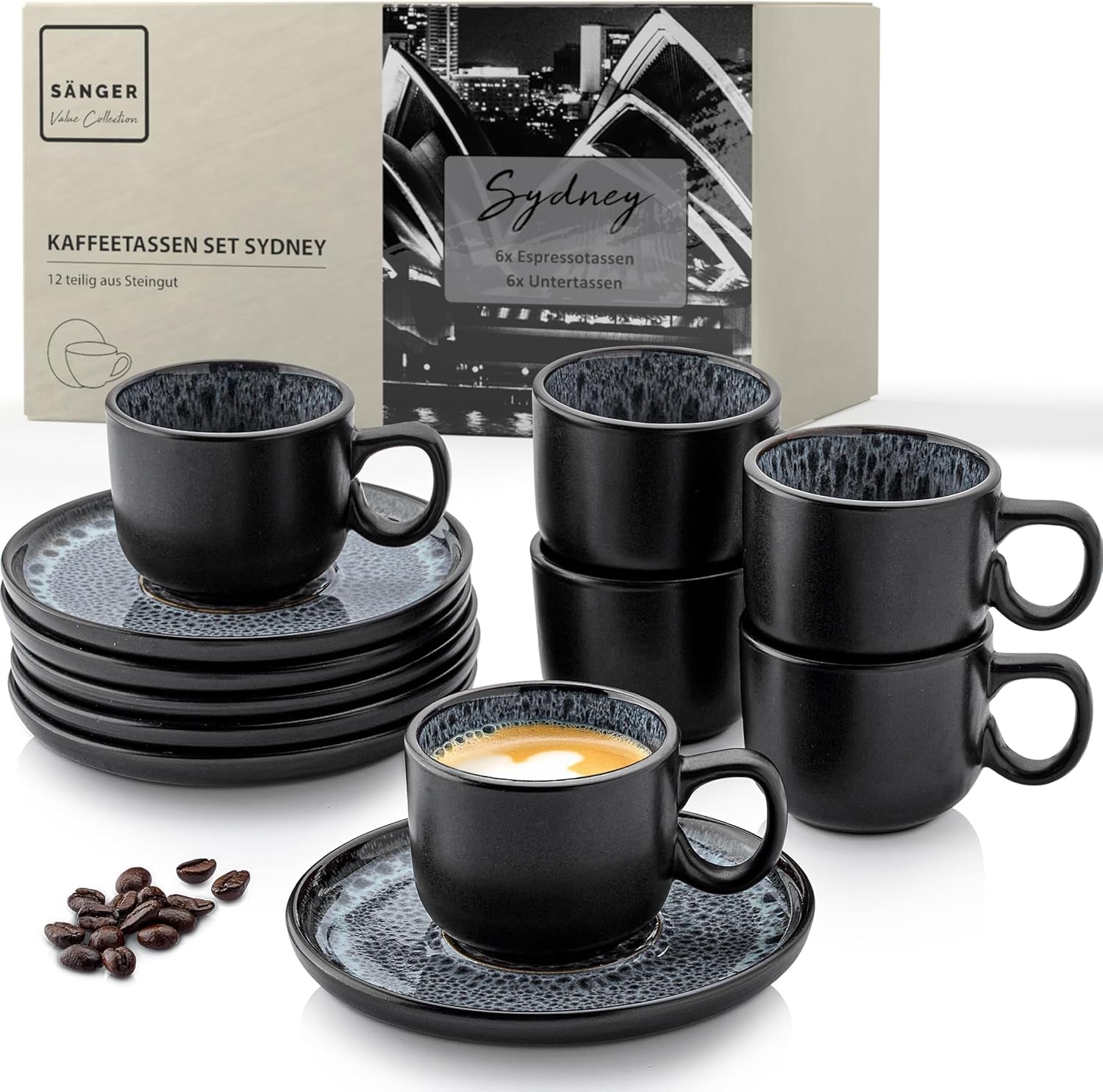 SÄNGER Sydney | Set de 12 căni de espresso din gresie, set de căni Mocha pentru 6 persoane, căni și farfurioare, potrivit pentru mașina de spălat vase și cuptorul cu microunde, gri închis, 80 ml | COLECȚIA VALUE
