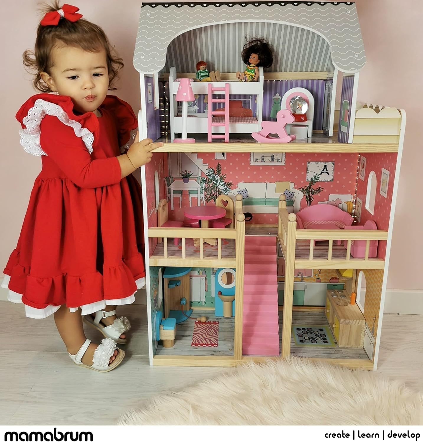 A405 Casă de păpuși cu iluminare LED - 3 etaje și set de mobilier - Casă de joacă din lemn, inclusiv accesorii: bucătărie, baie, dormitor - Cadou pentru fete de la 3 ani în sus Casute de papusi Naty Shop