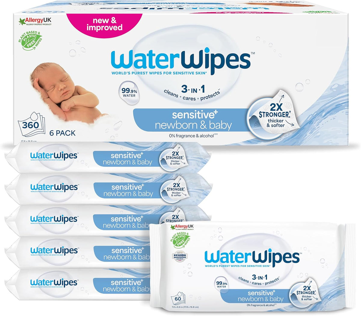 WaterWipes Sensitive+ Chusteczki nawilżane dla noworodków i niemowląt, 360 sztuk (6 szt.), 3 w 1 czyszczenie, pielęgnacja, ochrona, 99,9% wody, bez substancji zapachowych