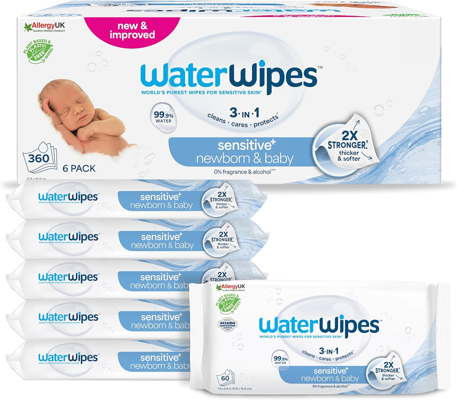 WaterWipes Sensitive+ Chusteczki nawilżane dla noworodków i dzieci, 240 szt. (4 szt.) 3 w 1 Czyszczenie, pielęgnacja, ochrona, 99,9% wody, bezzapachowy