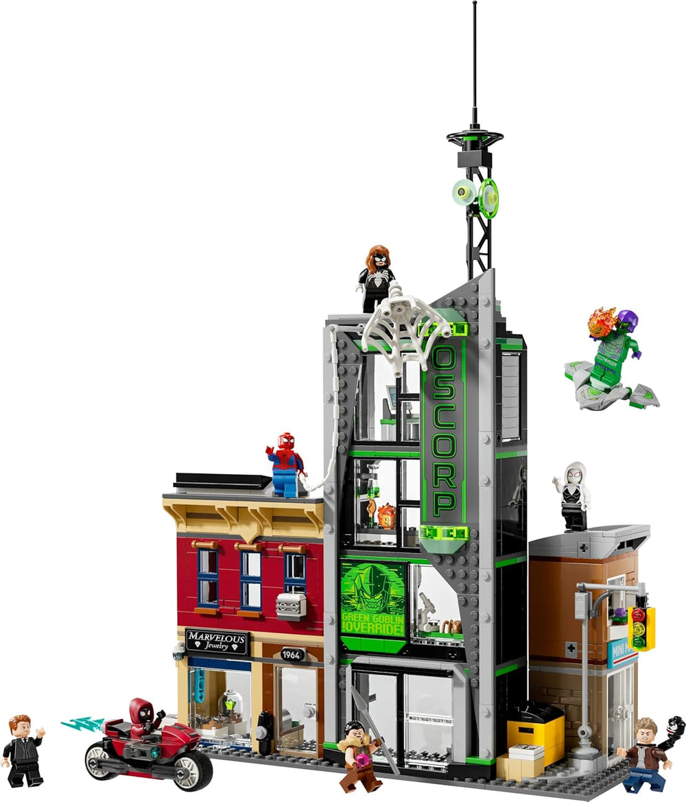 LEGO ǀ Marvel Spider-Man vs. Oscorp - Bauset zum Sammeln für Kinder mit 8 Minifiguren, darunter auch Spider-Woman, Miles Morales, Ghost Spider und Green Goblin - Geschenk ab 10 Jahren - 76324