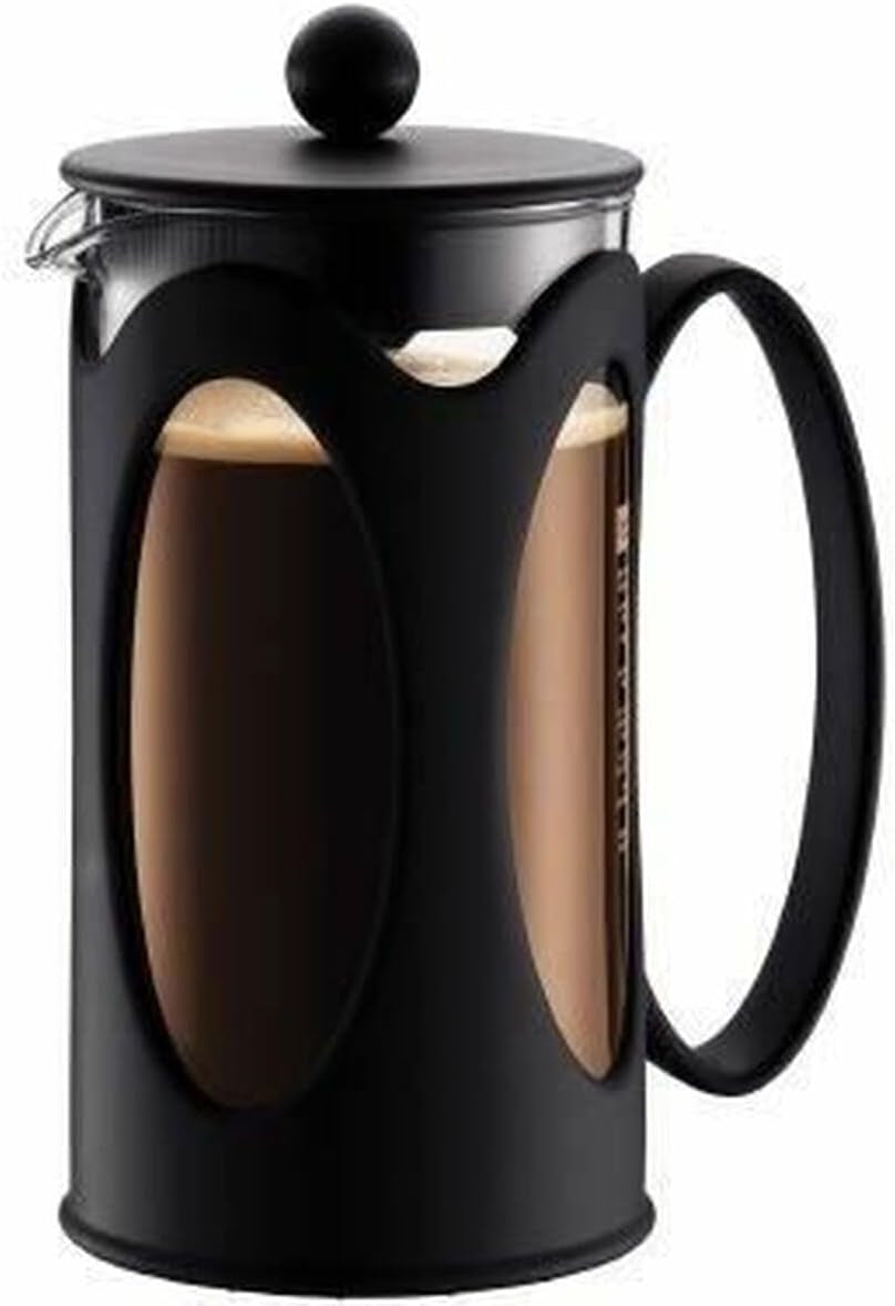 Cafetieră Bodum Kenya - 1L / 8 căni - Presă franceză manuală din sticlă borosilicată și oțel inoxidabil - Se poate spăla în mașina de spălat vase - Fabricată în Portugalia
