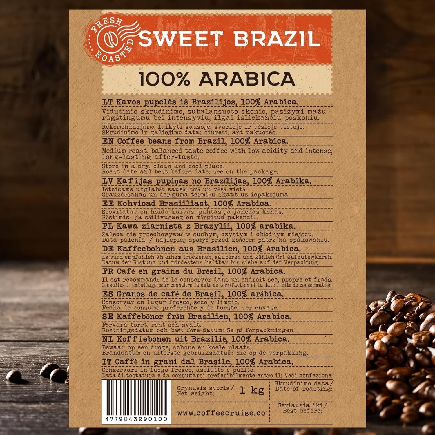 COFFEE CRUISE Sweet Brazil Brasilianische Kaffeebohnen 1kg - Mittlere Röstung - Aroma Kakao und Schokolade - Für Alle Kaffeemaschinen - 100% Arabisch