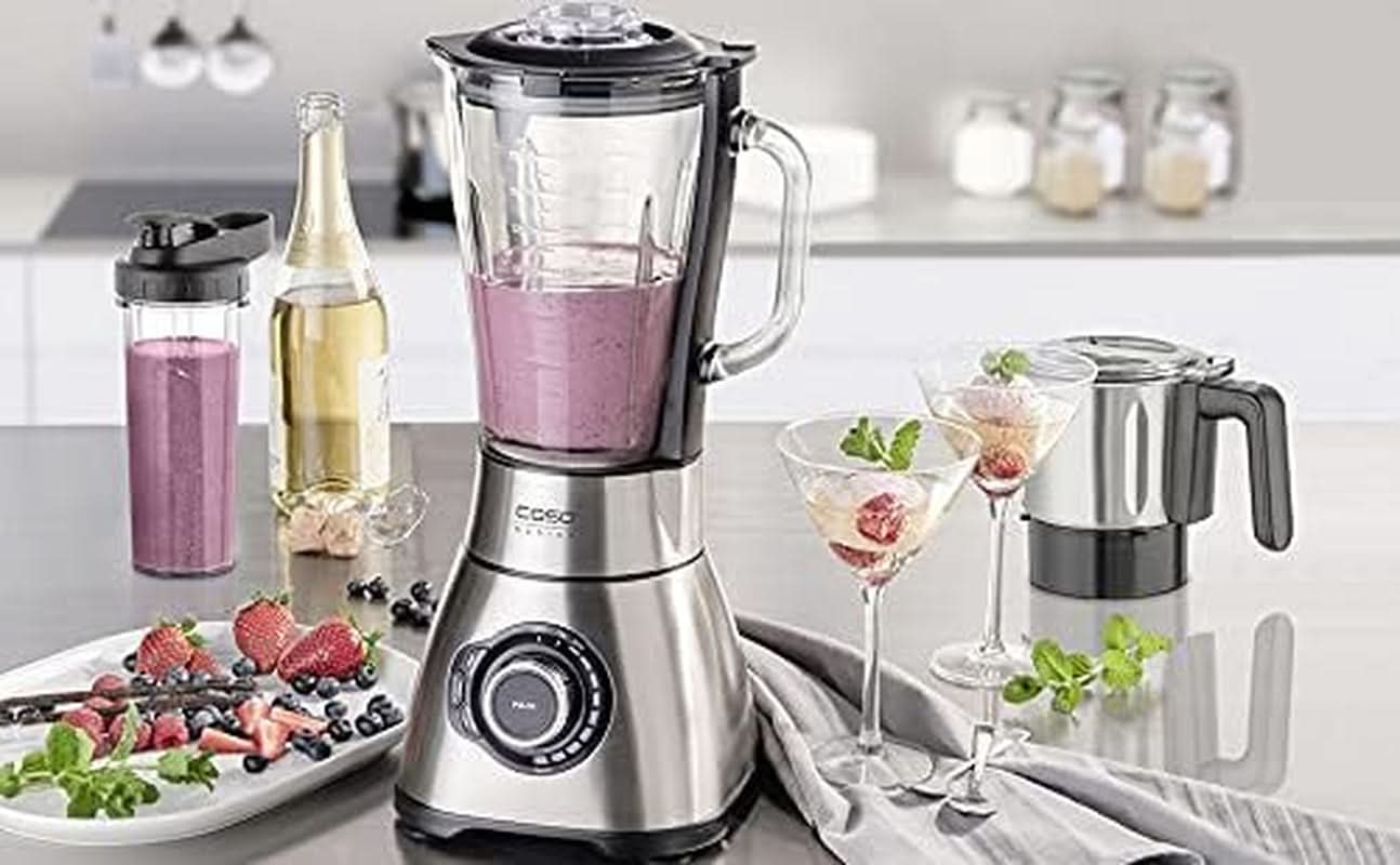 CASO B 1800 Powerblender-Set - Mikser stojący, 28 000 U/Min, Glasbehälter 1,75 L, Inkl. Trinkflasche Und Zerkleiner, Mixer Testsieger Mit Sehr Gut, Edelstahl Naty Shop