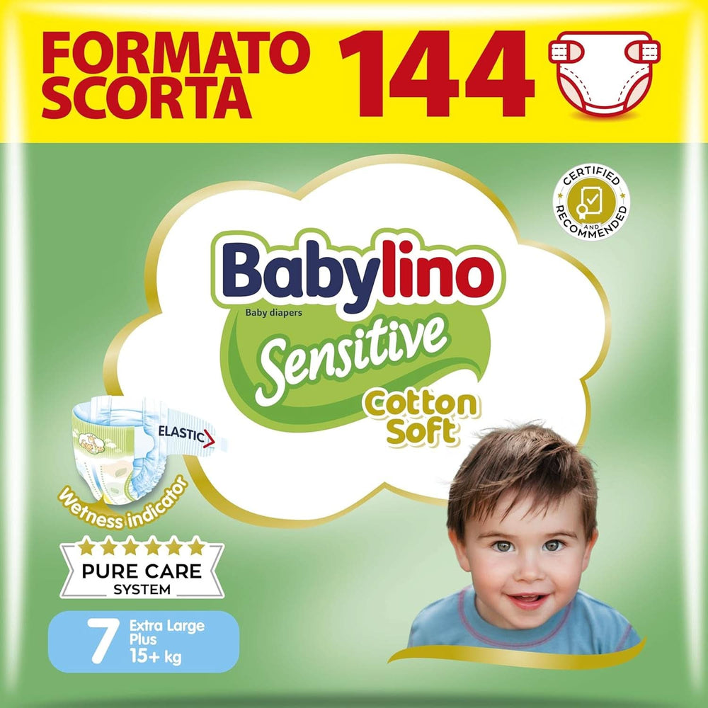 Babylino Sensitive, delikatne pieluszki dla dzieci, różne rozmiary Matka i Dziecko Naty Shop Rozmiar 7 (144 sztuki)