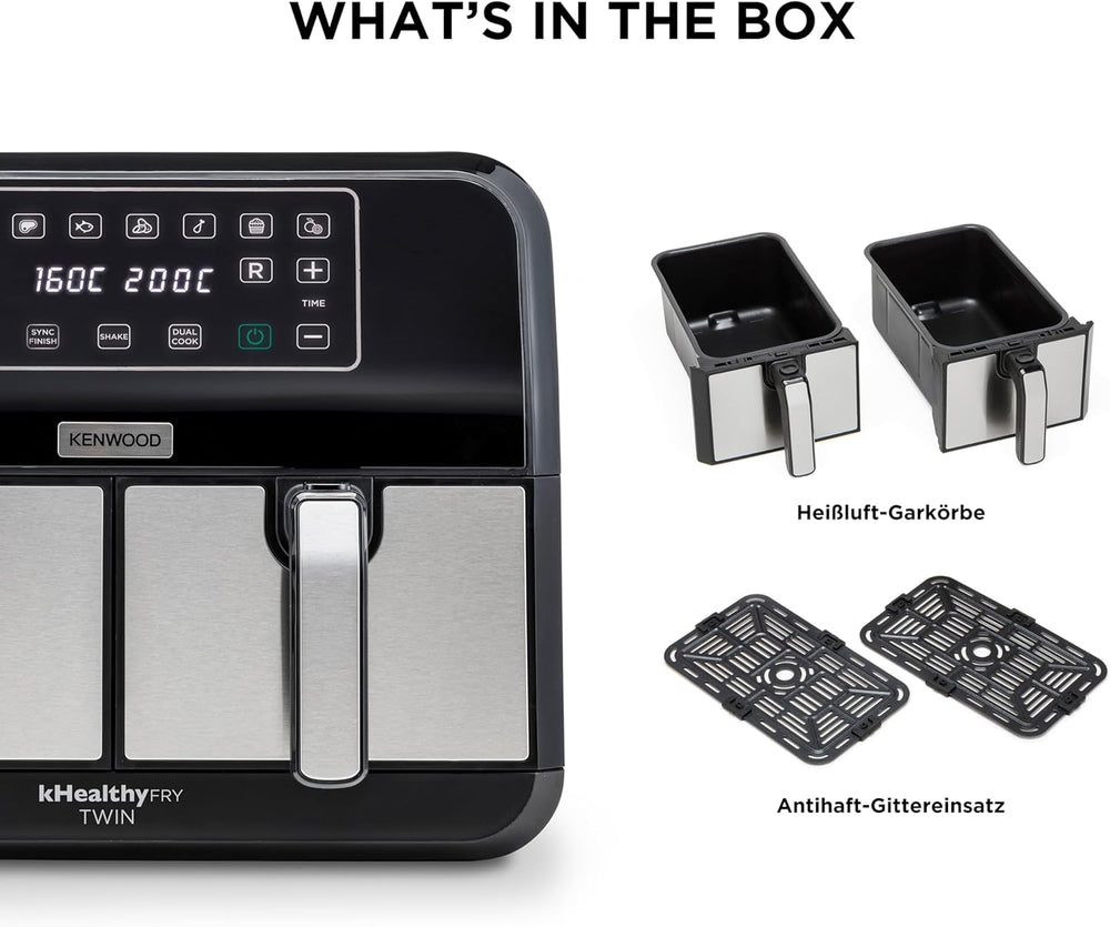 Kenwood Khealthy Twin Airfryer, 8L (2X4L), dwukomorowa, 8 programów, funkcja Dual Cook & Sync Finish, ekran dotykowy