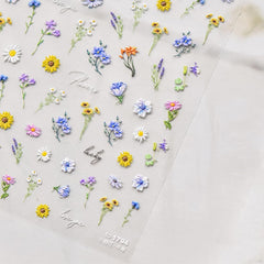 JMEOWIO 3D Nagelsticker Bunte Blumen Nail Art Sticker Selbstklebend Nagelaufkleber 5D Stereoskopisch Frühlings Sommer Blumen Dekoration Nageldesign Zubehör 2 Blatt