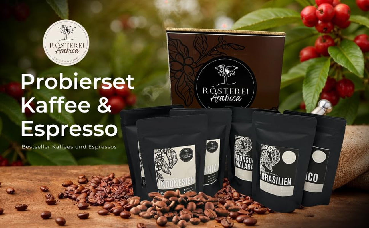 Probierset Kaffee und Espresso | Ganze Bohne oder Gemahlen – 6 Sorten Café & Espresso | Aromatisch & Vollmundig Perfekt zum Testen oder als Geschenk