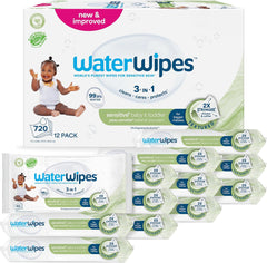 WaterWipes Sensitive+ Chusteczki nawilżane dla niemowląt i małych dzieci, 720 szt. (12 szt.), 3 w 1 czyszczenie, pielęgnacja, ochrona, 99,9% wody, teksturowane oczyszczanie, bezzapachowy