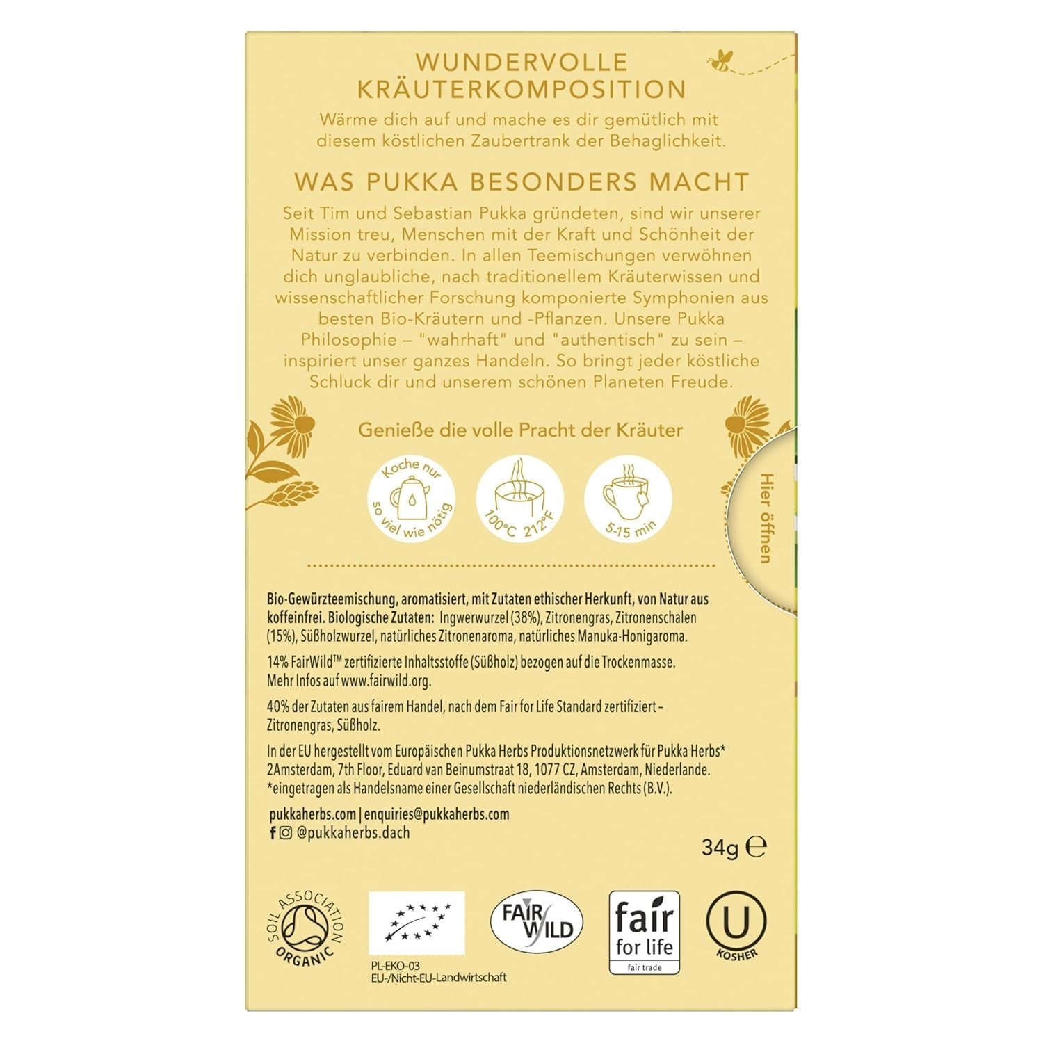 Pukka | Amestec de ceaiuri aromatizate bio „Lămâie și ghimbir cu o notă fină de miere de Manuka” | Încălzește-te și relaxează-te cu acest ceai | Pachet de 1 | 20 pliculețe de ceai