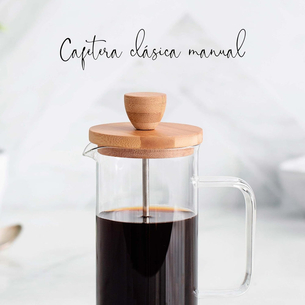 Cafetieră franceză, presă de cafea, aparat de cafea cu piston, ibric francez pentru cafea filtrată, 3 cești, 0,35 l, oțel și lemn
