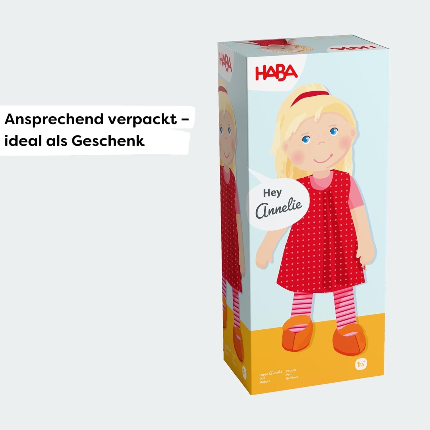 Păpușa moale HABA Annelie – Păpușă moale cu păr aranjat – Cu haine interschimbabile – De la 18 luni – 30 cm – Lavabilă – 1302108001