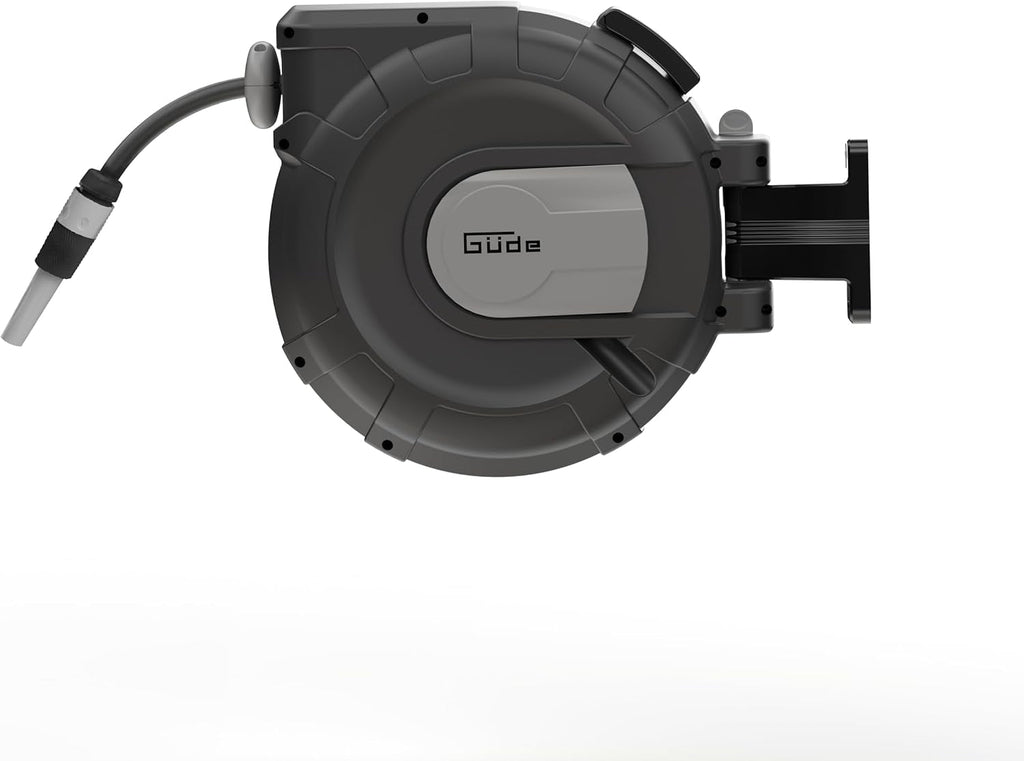 Rolă automată pentru furtun Güde 20-2-2 1/2 (pentru montare pe perete, rotire la 180°, furtun de 20 m, pulverizator de apă, suport de perete, retragere automată, opritor retragere, mâner de transport, 2 cuplaje rapide)
