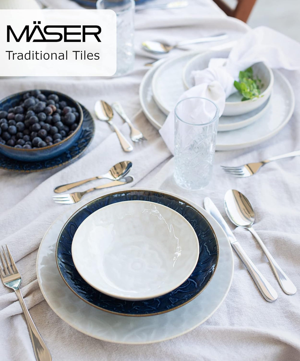 MÄSER 935079 Set de veselă vintage modern pentru 2 persoane, design maur, serviciu de masă cu 8 piese, farfurii și boluri din ceramică de înaltă calitate, gresie, alb