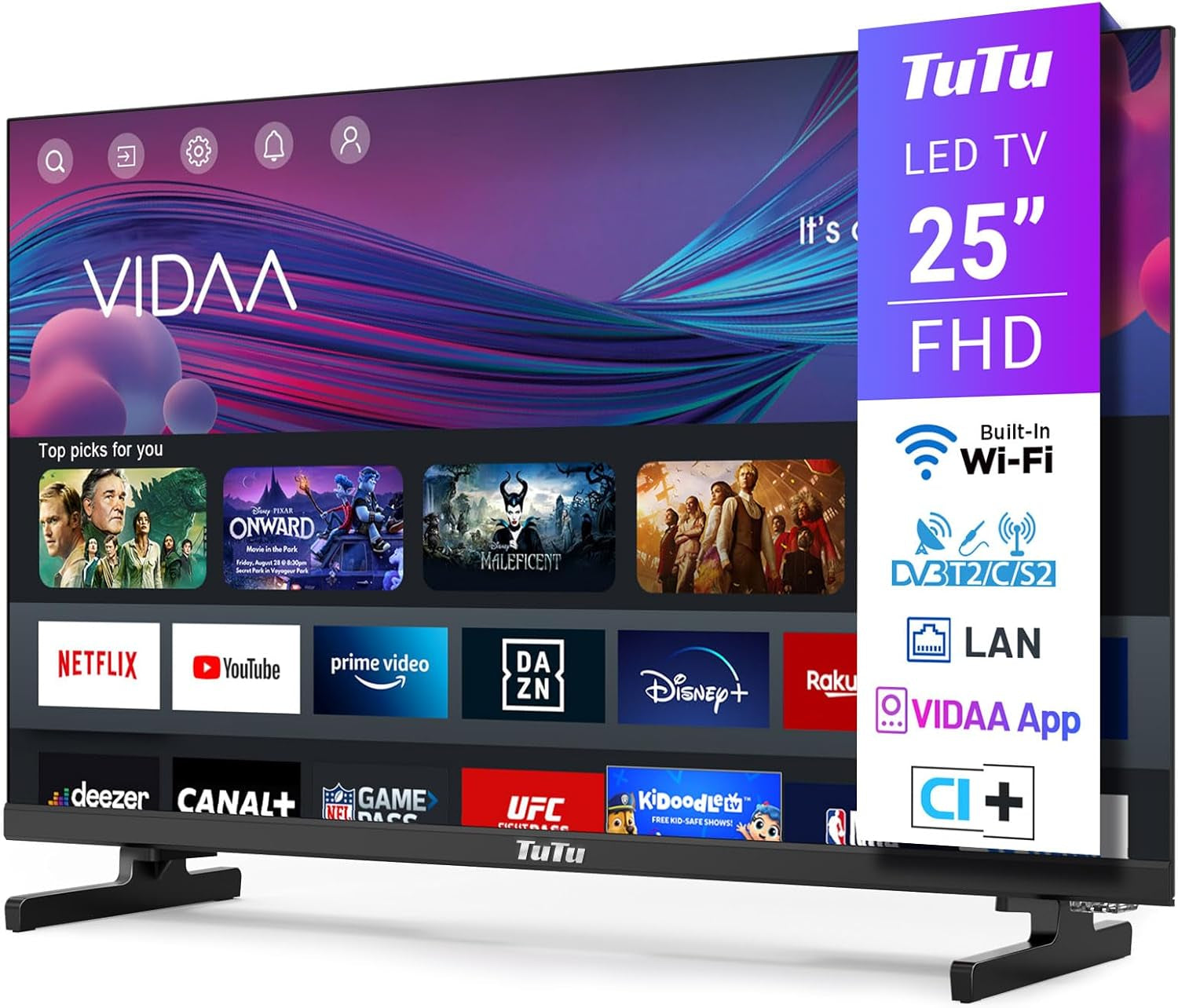 TuTu TUS43UQ1A Smart TV 43 inch (108 cm) 4K UHD LED TV Android TV cu WLAN, HDR, triplu tuner DVB-C/S/S2/T/T2, Bluetooth, Prime Video, Netflix, YouTube, DAZN, Disney+