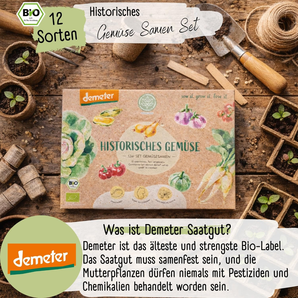 Organiczny zestaw nasion warzyw - 12 odmian nasion warzyw Demeter | Rzadkie i rodzinne nasiona warzyw, wszystkie swobodnie zapylane | Rodzinne odmiany warzyw na balkony, podwyższone grządki, do ogrodów i na prezenty | Rośliny miłosne
