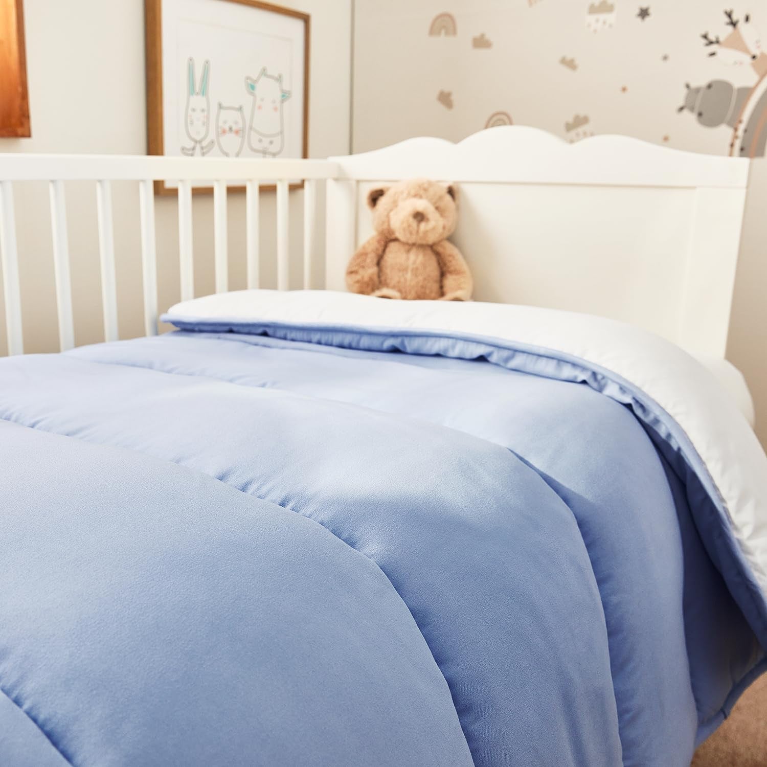 Pikolin Home - Dwustronna kołderka 300 G - Dwukolorowe wypełnienie nordyckie - Do łóżeczka 60 - Wypełniona pierzem, ciepła, oddychająca, niebiesko-biała, 100 x 120 cm Kołdry i kołdry Naty Shop