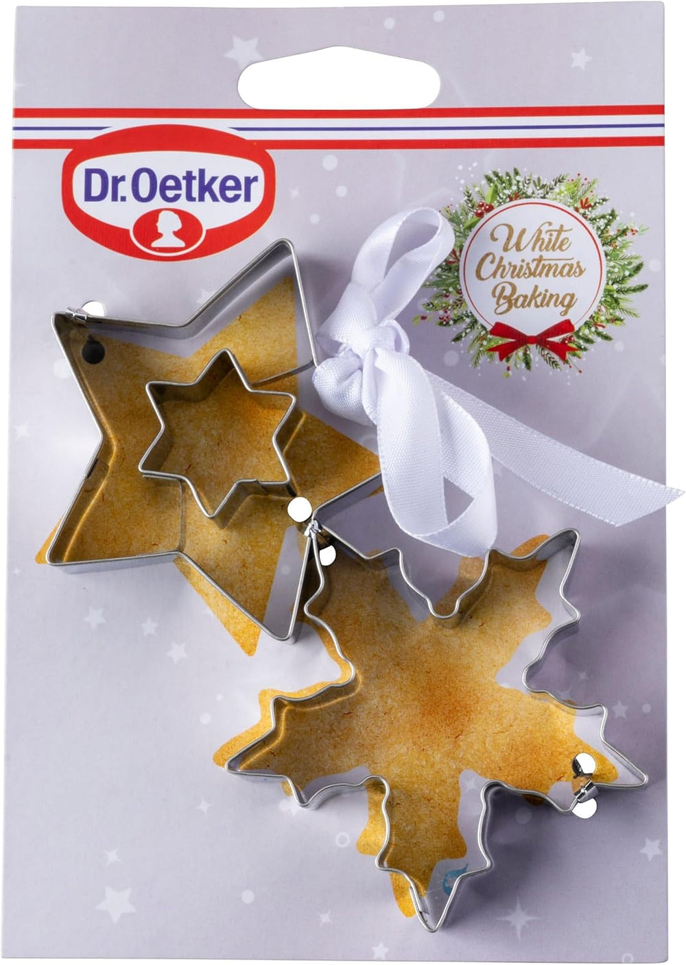Set de forme pentru biscuiți Dr. Oetker Linzer Fulg de zăpadă și stea – 2 piese, perfecte pentru biscuiți de Crăciun, fabricate din oțel inoxidabil de înaltă calitate, rezistente la rugină, se pot spăla în mașina de spălat vase
