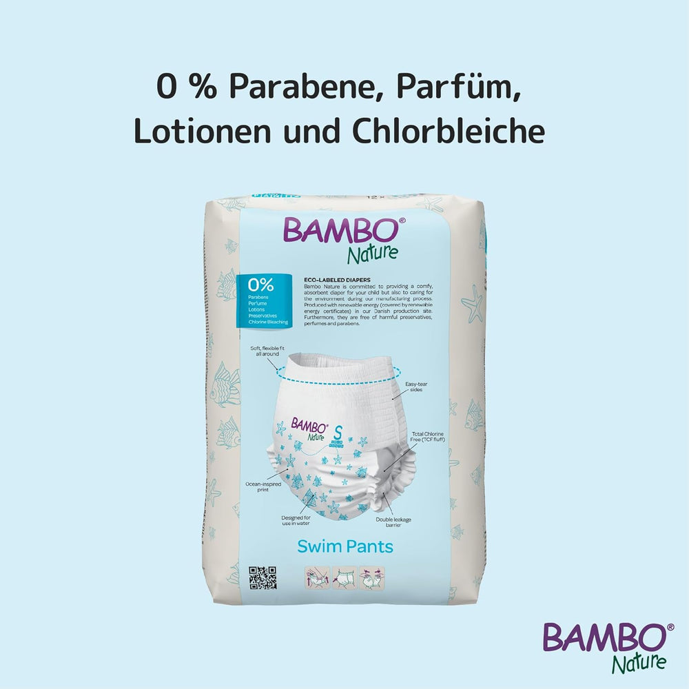 Pieluszki do pływania dla niemowląt Bambo Nature, rozmiar S (7-12kg), 12 pieluszek | Jednorazowe pieluchy do pływania Secure Fit | Wodoodporny komfort podczas zabaw w wodzie