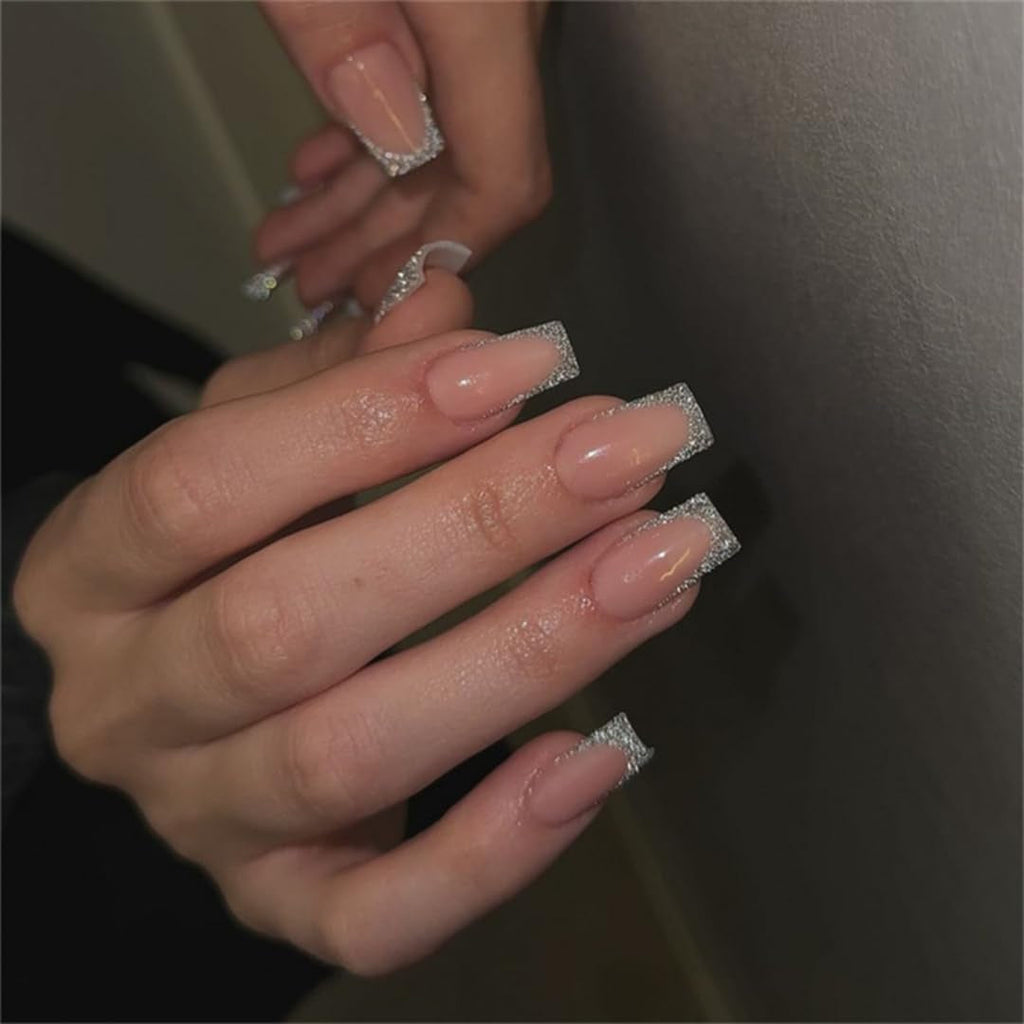 Unghii lungi cu vârf franțuzesc, aurii, cu sclipici, de lipit pe unghii lungi și pătrate, set unghii false cu vârf franțuzesc strălucitor, unghii artificiale pătrate pentru femei, 24 de bucăți