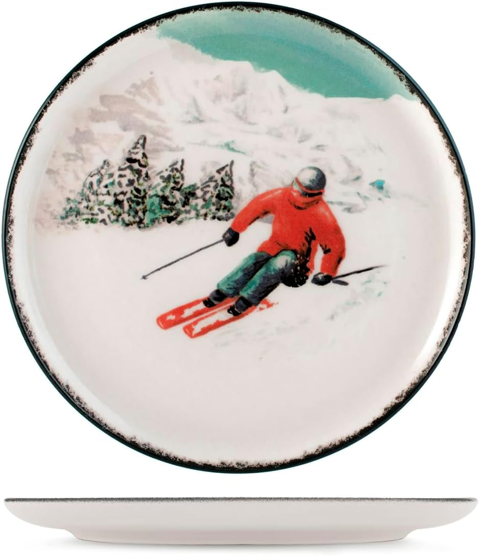 Set de veselă de Crăciun „Winter Escape” din gresie, format din 12 piese – Design nordic de iarnă cu motiv schior – Potrivit pentru mașina de spălat vase și cuptorul cu microunde