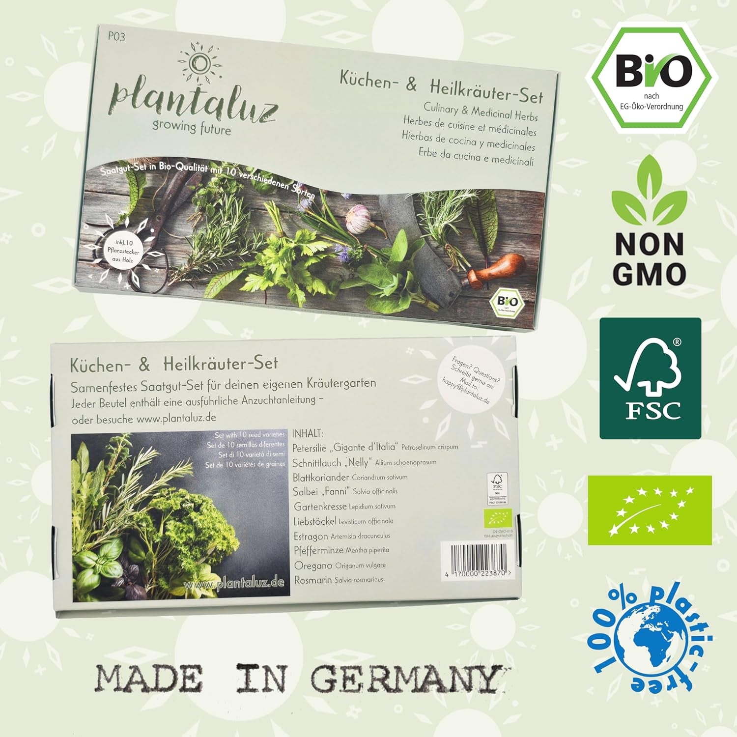 Organiczny zestaw nasion Plantaluz Premium P03 – Zestaw nasion roślin kulinarnych i leczniczych do ogrodu, na balkon i do wnętrz – w zestawie. Patyki do sadzenia FSC – wolne zapylane, nietraktowane i wolne od GMO nasiona organiczne