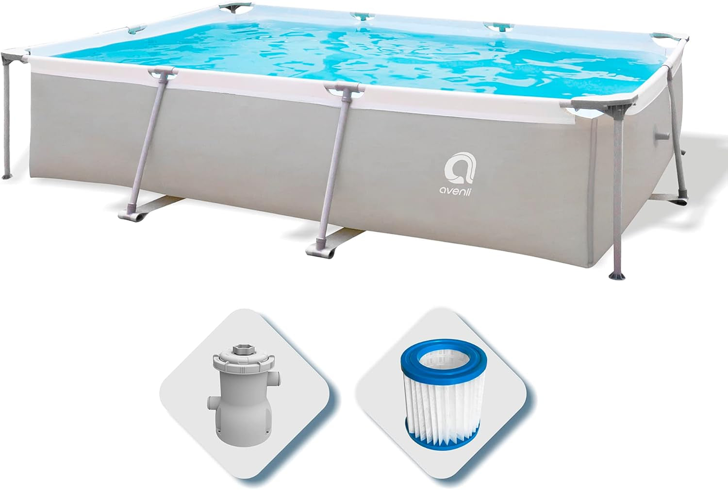 Piscină supraterană Avenli Pool 300 x 207 x 65 cm, cadru din oțel, set piscină cu pompă de filtrare, furtunuri și cartuș de filtrare, cadru gri, piscină dreptunghiulară