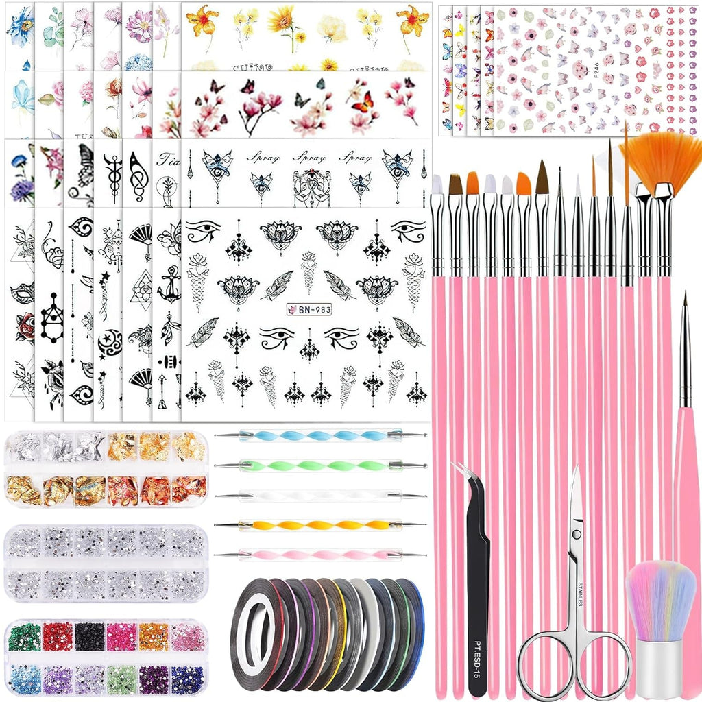 53 Blätter Nagelsticker, Nail Art Pinsel Und Dekorationen Set, 15 PCS Pinsel, 5 PCS Dotted Pens, Strasssteine, Blattgold Für Nagelkunst, Nagel Pailletten, Nagelkunstwerkzeuge Und Dekorationssets