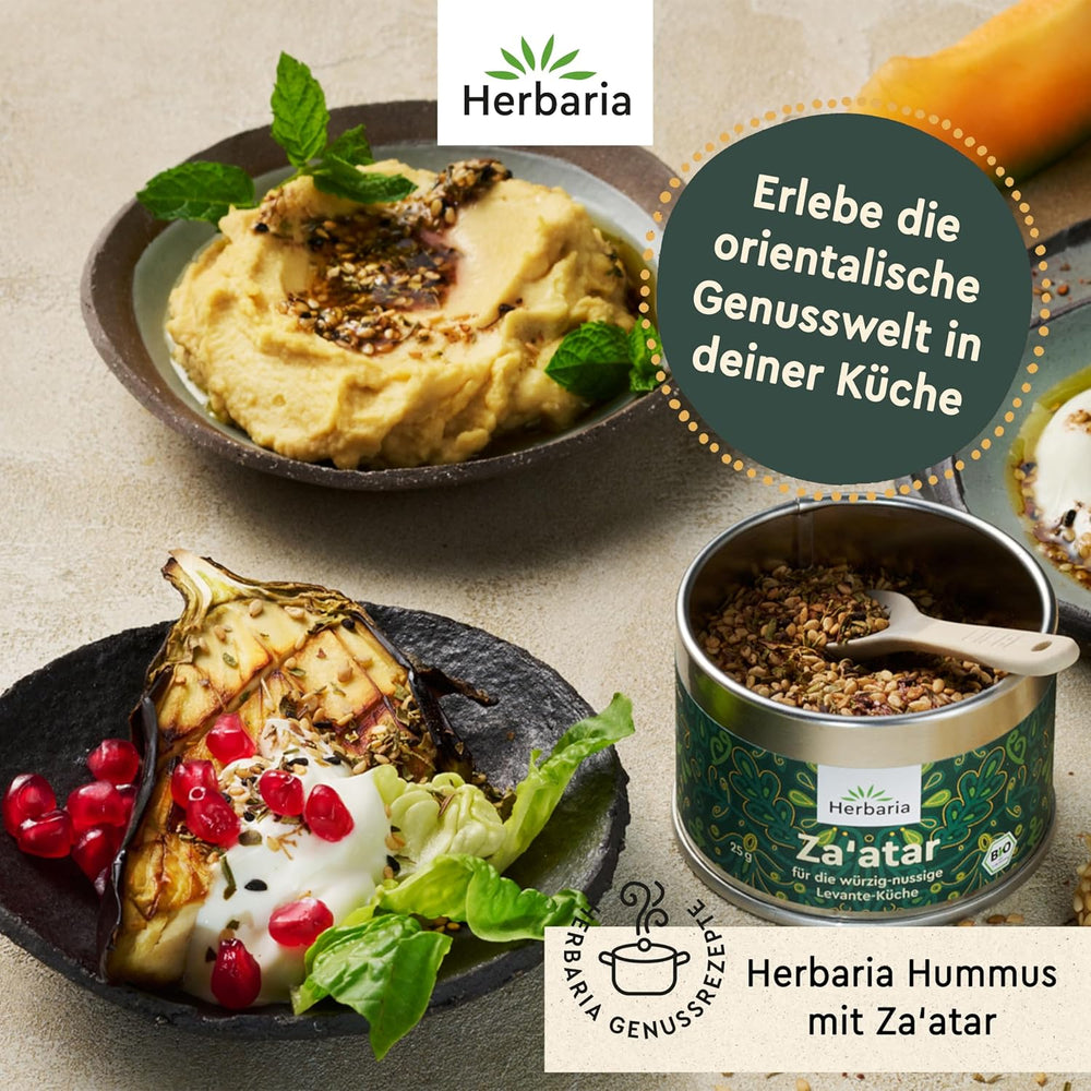 Herbaria Za'atar bio 25g S-Dose – Zaatar Gewürz, Zaatar Gewürz - orientalny Organic-Gewürmischung für Gerichte der Levante Küche - mit erlesenen Składnik - w nachhaltiger Aromaschutz-Dose