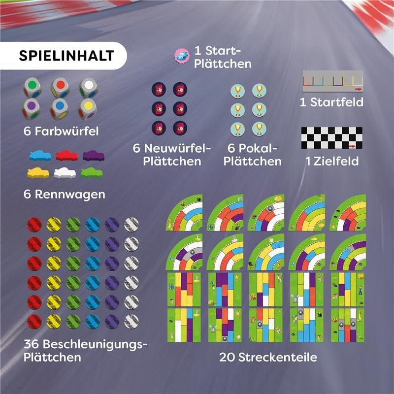 HABA Monza - szybka gra planszowa i wyścigi samochodowe dla dzieci w wieku 5+ - z 6 kolorowymi drewnianymi samochodzikami i kolorowymi kostkami - 2012226001